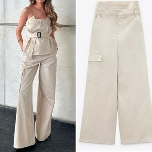 ZARA BELTED high waist GABARDINE PANTS (NWT) beige size L